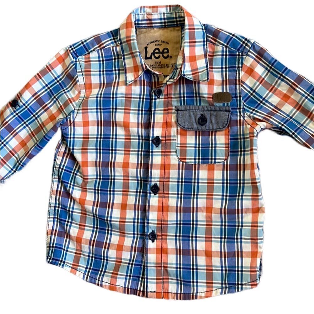 Lee Baby Boy 18 Months Orange Blue White Plaid LS Button Down Shirt